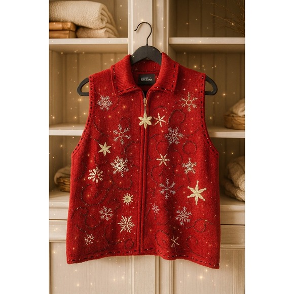 Designers Originals Studio Joy Sweaters - Studio JOY Red Snowflake Zip Sweater Vest XL Ramie Cotton Embroidered Holiday